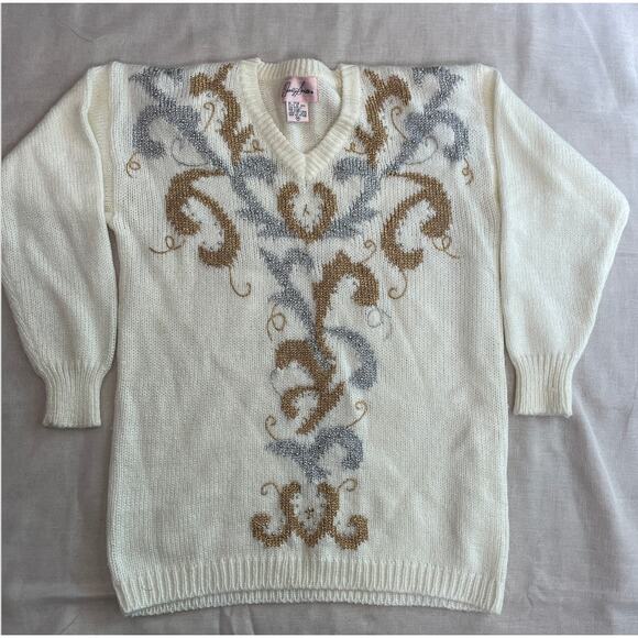 Vintage Knit Sweater Womens Size Medium M Cream Gold Metallic V Neck Beaded 90s - Picture 8 of 8